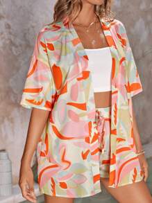 SHEIN VCAY Allover Print Drop Shoulder Kimono & Tie Front Shorts - Multicolor - View 3