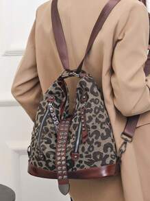 Leopard Pattern Studded Decor Hobo Bag Zip Front - Coffee Brown - View 2