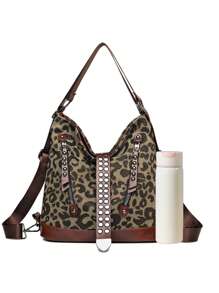 Leopard Pattern Studded Decor Hobo Bag Zip Front - Coffee Brown - View 3