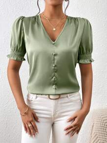 SHEIN Frenchy Blusa de manga farol con botón delantero - verde menta - Ver 2