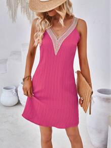 Breezaya Guipure Lace Panel Tank Dress - Hot Pink - View 1