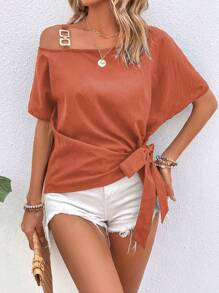 Breezaya 鏈條細節不對稱領側打結襯衫 - 珊瑚橙 - 查看 4