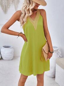 Breezaya Guipure Lace Panel Tank Dress Vacation Beach Outfits Women - Green - View 1