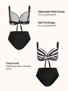 SHEIN Swim Striped Push Up Bikini Set For Summer Beach - Black and White - View 4