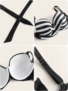 SHEIN Swim Striped Push Up Bikini Set For Summer Beach - Black and White - View 5