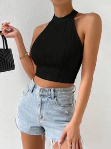 SHEIN Essnce 素色繞頸短上衣 - 黑色 - 查看 3