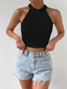 SHEIN Essnce 素色繞頸短上衣 - 黑色 - 查看 5