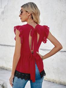 SHEIN VCAY Swiss Dot Contrast Lace Tie Back Ruffle Trim Peplum Blouse - Red - View 1