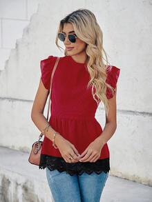 SHEIN VCAY Swiss Dot Contrast Lace Tie Back Ruffle Trim Peplum Blouse - Red - View 3
