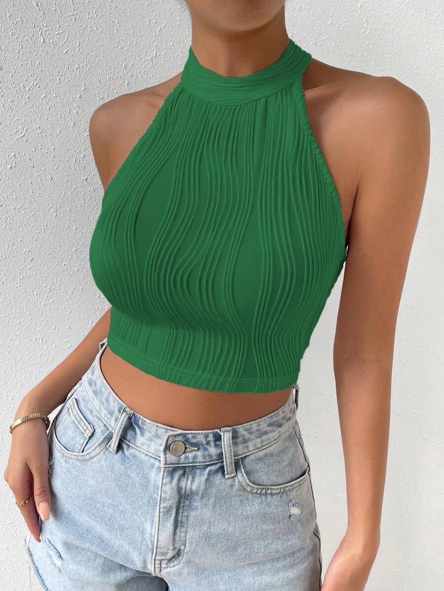 SHEIN Privé Solid Crop Halter Top - Green - View 1