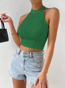 SHEIN Privé Solid Crop Halter Top - Green - View 3
