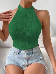 SHEIN Privé Solid Crop Halter Top - Green - View 5