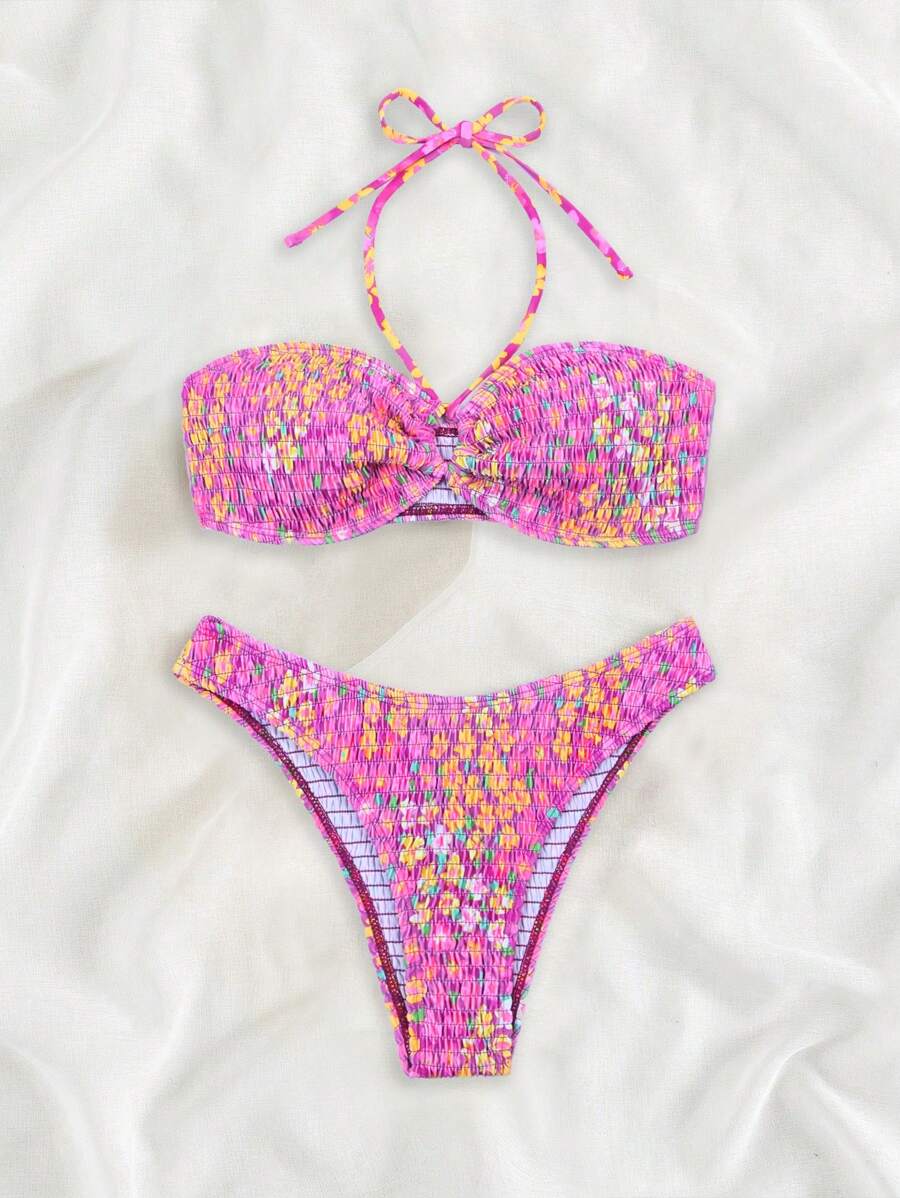 Swim Mod Summer Beach Ditsy Floral Print Smocked Halter Bikini Set - Purple - View 1
