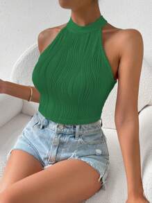 SHEIN Privé Solid Crop Halter Top - Green - View 6