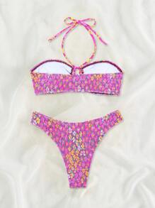 Swim Mod Summer Beach Ditsy Floral Print Smocked Halter Bikini Set - Purple - View 2
