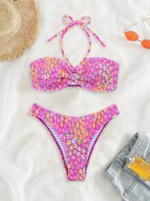 Swim Mod Summer Beach Ditsy Floral Print Smocked Halter Bikini Set - Purple - View 3