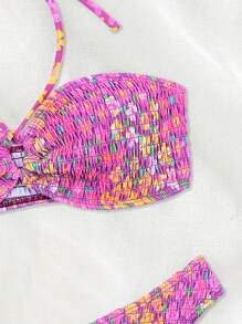 Swim Mod Summer Beach Ditsy Floral Print Smocked Halter Bikini Set - Purple - View 4