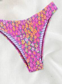 Swim Mod Summer Beach Ditsy Floral Print Smocked Halter Bikini Set - Purple - View 5