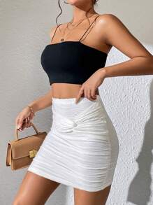 SHEIN Privé Váy nữ Xù xoắn lại màu trơn Gợi cảm - trắng - Xem 3