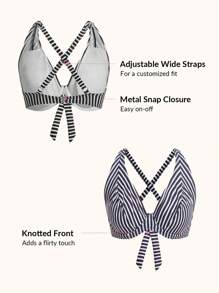 Top bikini con estampado de rayas halter push up - Blanco y Negro - Ver 4