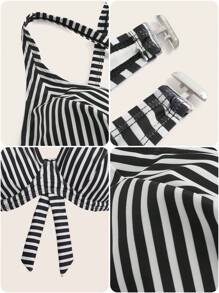 Top bikini con estampado de rayas halter push up - Blanco y Negro - Ver 5