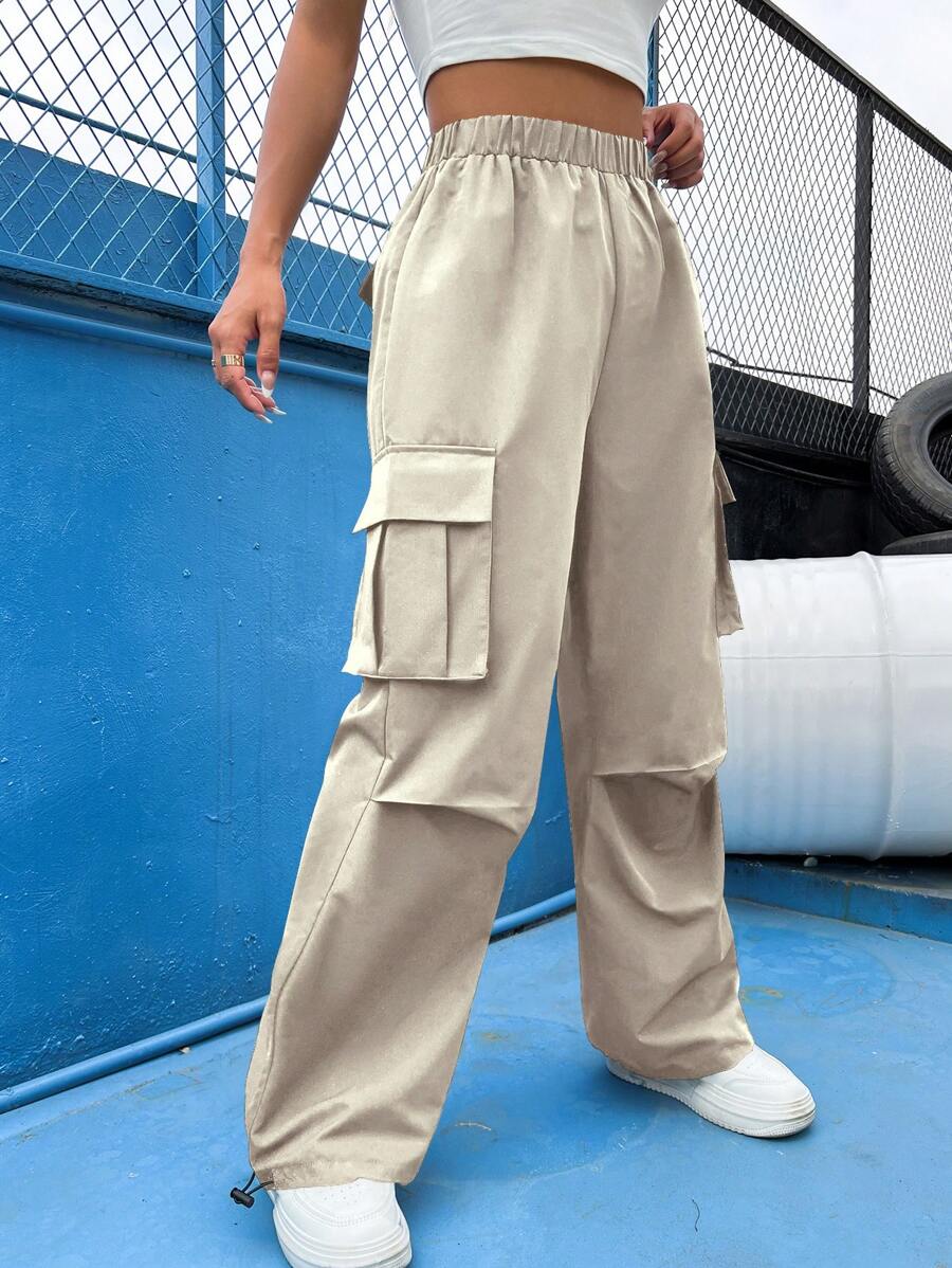 SHEIN Unity 側翻蓋口袋工裝褲 - 卡其色 - 查看 1