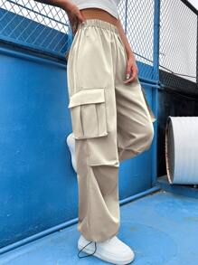 SHEIN Unity 側翻蓋口袋工裝褲 - 卡其色 - 查看 3