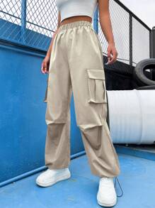 SHEIN Unity 側翻蓋口袋工裝褲 - 卡其色 - 查看 4