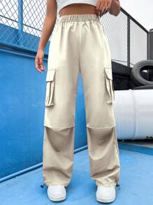 SHEIN Unity 側翻蓋口袋工裝褲 - 卡其色 - 查看 6