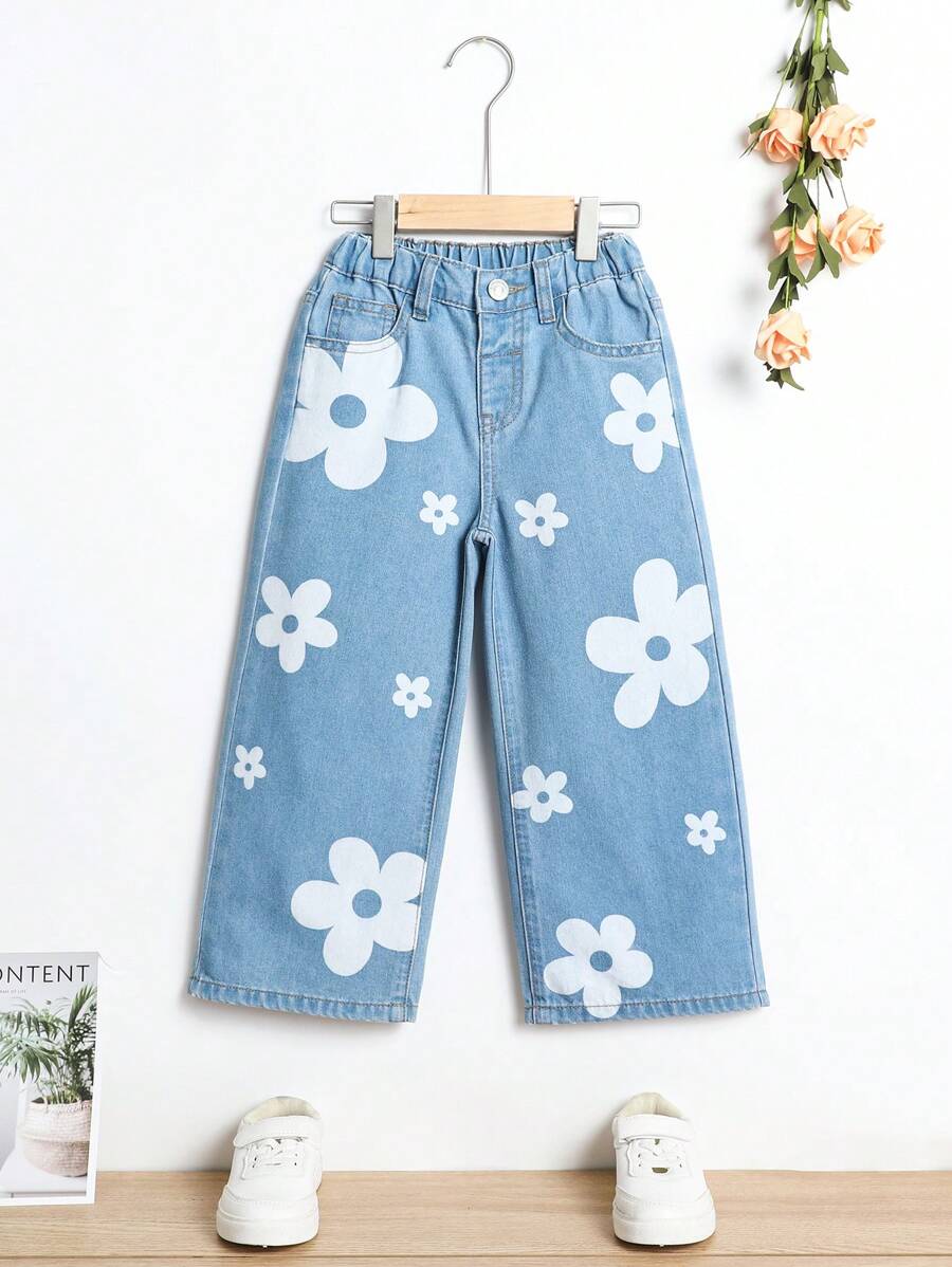 SHEIN Explorewe 年輕女孩花卉印花寬腿牛仔褲 - 淺色水洗藍 - 查看 1