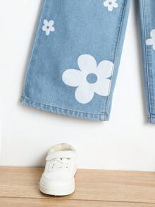SHEIN Explorewe 年輕女孩花卉印花寬腿牛仔褲 - 淺色水洗藍 - 查看 3