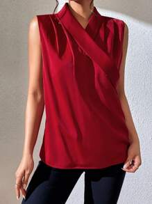 SHEIN LUNE Solid Fold Pleated Detail Sleeveless Blouse - Red - View 3