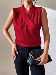 SHEIN LUNE Solid Fold Pleated Detail Sleeveless Blouse - Red - View 4