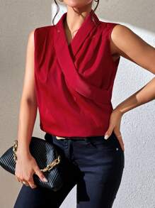SHEIN LUNE Solid Fold Pleated Detail Sleeveless Blouse - Red - View 5