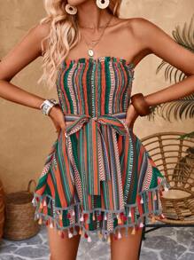 SHEIN VCAY 幾何印花褶邊腰帶抹胸連體短褲 - 彩色 - 查看 1