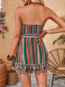 SHEIN VCAY 幾何印花褶邊腰帶抹胸連體短褲 - 彩色 - 查看 2