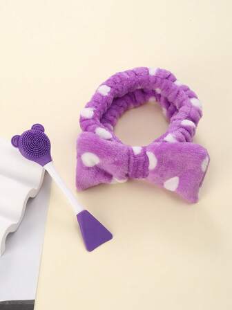 床單刷和彩妝髮箍套裝,1入組紫色矽膠面膜刷和1入組波點圖案髮箍