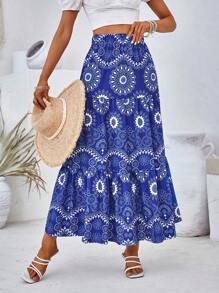 SHEIN VCAY Falda con estampado de mándala bajo con fruncido - Azul - Ver 3