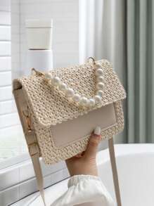 Faux Pearl Decor Flip Cover Square Bag,Woven Crossbody Bag Small Handbag, Straw Purse, Straw Beach Bag, Beach Necessities, Beach Essentials,Beach Stuff & Summer Essentials, Vacation Essentials, Perfectly Matching With Beach Accessories Women, Fashion Summer Vacation Bag, Beach Essentials Women Bags For Vacation & Holiday