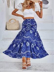 SHEIN VCAY Falda con estampado de mándala bajo con fruncido - Azul - Ver 4