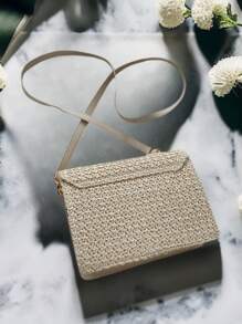 Faux Pearl Decor Flip Cover Square Bag,Woven Crossbody Bag Small Handbag, Straw Purse, Straw Beach Bag, Beach Necessities, Beach Essentials,Beach Stuff & Summer Essentials, Vacation Essentials, Perfectly Matching With Beach Accessories Women, Fashion Summer Vacation Bag, Beach Essentials Women Bags For Vacation & Holiday