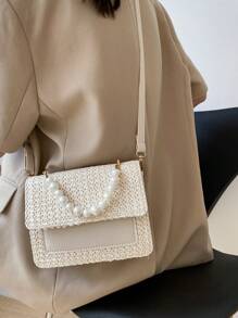 Faux Pearl Decor Flip Cover Square Bag,Woven Crossbody Bag Small Handbag, Straw Purse, Straw Beach Bag, Beach Necessities, Beach Essentials,Beach Stuff & Summer Essentials, Vacation Essentials, Perfectly Matching With Beach Accessories Women, Fashion Summer Vacation Bag, Beach Essentials Women Bags For Vacation & Holiday