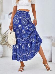 SHEIN VCAY Falda con estampado de mándala bajo con fruncido - Azul - Ver 5