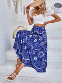 SHEIN VCAY Falda con estampado de mándala bajo con fruncido - Azul - Ver 6