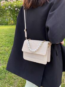 Faux Pearl Decor Flip Cover Square Bag,Woven Crossbody Bag Small Handbag, Straw Purse, Straw Beach Bag, Beach Necessities, Beach Essentials,Beach Stuff & Summer Essentials, Vacation Essentials, Perfectly Matching With Beach Accessories Women, Fashion Summer Vacation Bag, Beach Essentials Women Bags For Vacation & Holiday