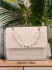 Faux Pearl Decor Flip Cover Square Bag,Woven Crossbody Bag Small Handbag, Straw Purse, Straw Beach Bag, Beach Necessities, Beach Essentials,Beach Stuff & Summer Essentials, Vacation Essentials, Perfectly Matching With Beach Accessories Women, Fashion Summer Vacation Bag, Beach Essentials Women Bags For Vacation & Holiday