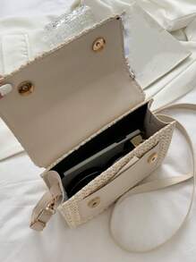 Faux Pearl Decor Flip Cover Square Bag,Woven Crossbody Bag Small Handbag, Straw Purse, Straw Beach Bag, Beach Necessities, Beach Essentials,Beach Stuff & Summer Essentials, Vacation Essentials, Perfectly Matching With Beach Accessories Women, Fashion Summer Vacation Bag, Beach Essentials Women Bags For Vacation & Holiday
