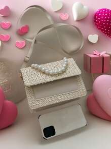 Faux Pearl Decor Flip Cover Square Bag,Woven Crossbody Bag Small Handbag, Straw Purse, Straw Beach Bag, Beach Necessities, Beach Essentials,Beach Stuff & Summer Essentials, Vacation Essentials, Perfectly Matching With Beach Accessories Women, Fashion Summer Vacation Bag, Beach Essentials Women Bags For Vacation & Holiday