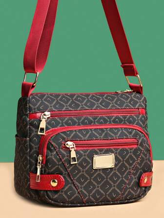 Women's New Leather Handbag, Double Layer Multiple Pockets Large Capacity Shoulder Bag, Retro Cross-Body Bag, Letter Print Versatile Fashion Ladies Small Purse