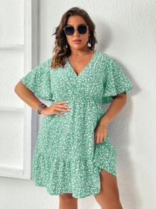 SHEIN Clasi Plus Size Boho Ditsy Floral Print Butterfly Sleeve Ruffle Hem Dress - Green - View 3